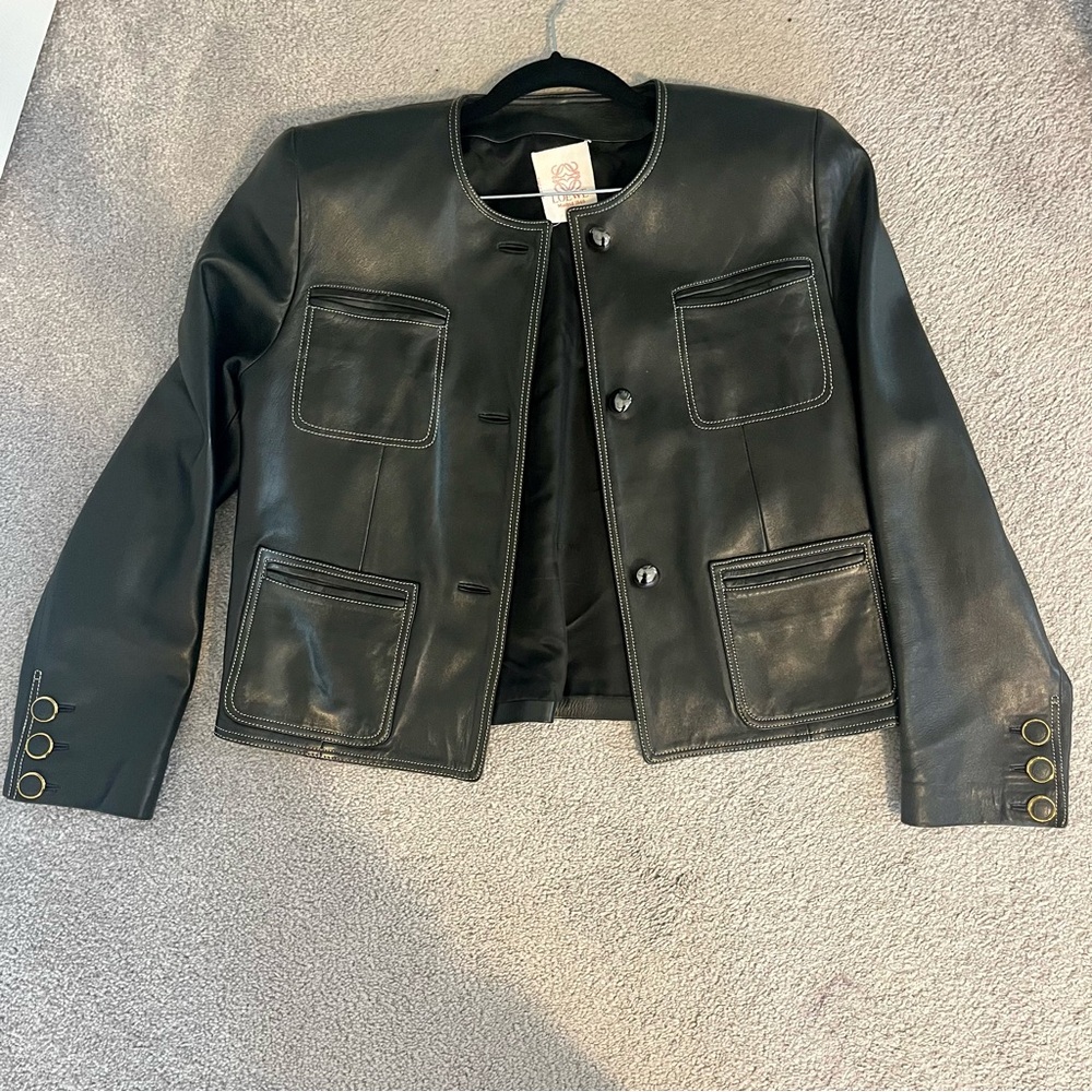 Loewe Black Leather Round-Neck Button Jacket